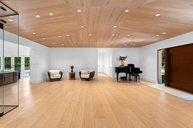 sitting room with recessed lighting, french doors, lofted ceiling, light wood finished floors, and wooden ceiling
