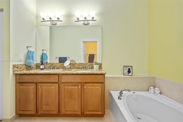 bathroom featuring double vanity, a bath, and a sink