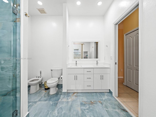 full bathroom with a bidet, visible vents, a shower stall, and a sink