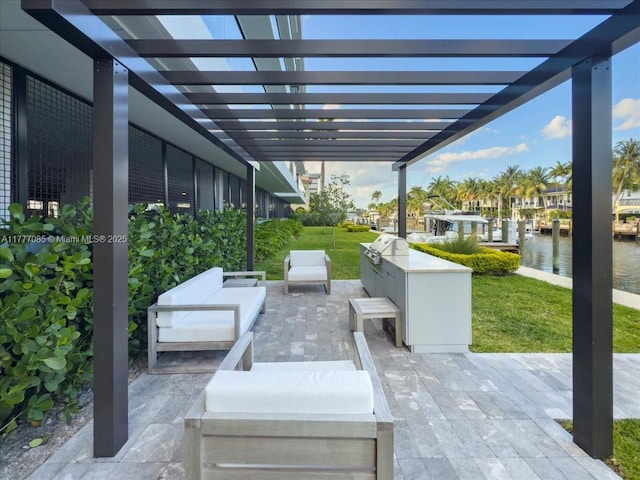 160 Isle Of Venice Dr Unit Ph2, Fort Lauderdale, FL 33301 - view of patio with an outdoor living space, a pergola, a grill, and a water view