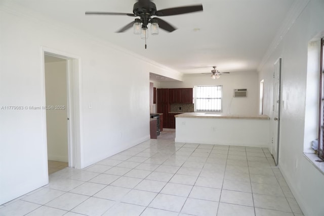 unfurnished living room featuring a wall mounted AC, light tile patterned floors, a ceiling fan, and ornamental molding