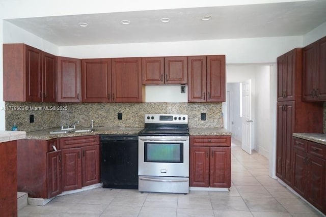 kitchen featuring black dishwasher, stainless steel range with electric cooktop, a sink, and dark brown cabinets