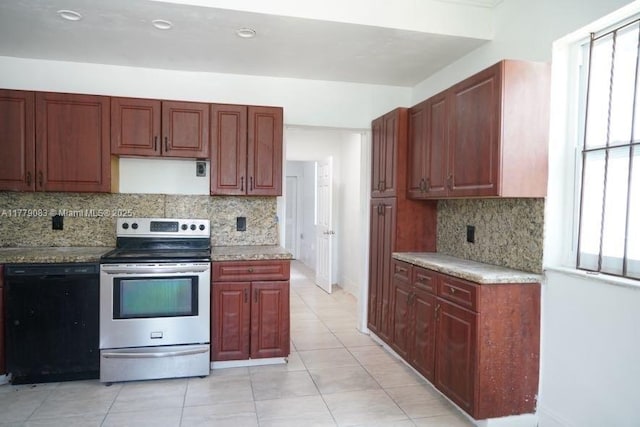 kitchen featuring light tile patterned floors, black dishwasher, light countertops, electric stove, and decorative backsplash