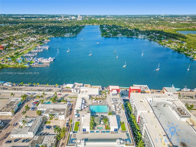 drone / aerial view with a water view