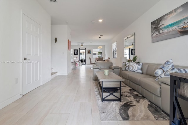 3431 W 109th Pl, Hialeah, FL 33018 - living area featuring a ceiling fan, stairway, and recessed lighting