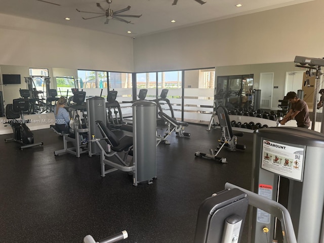 3431 W 109th Pl, Hialeah, FL 33018 - workout area featuring healthy amount of natural light, ceiling fan, a high ceiling, recessed lighting, and water heater