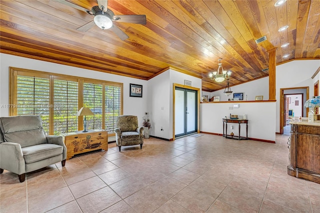 7801 SW 170th St, Palmetto Bay, FL 33157 - living area with baseboards, light tile patterned floors, lofted ceiling, ceiling fan with notable chandelier, and wooden ceiling
