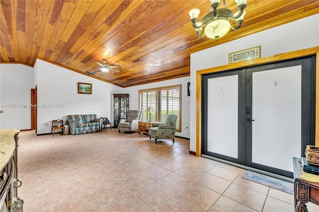 7801 SW 170th St, Palmetto Bay, FL 33157 - interior space with french doors, wooden ceiling, vaulted ceiling, and ceiling fan with notable chandelier