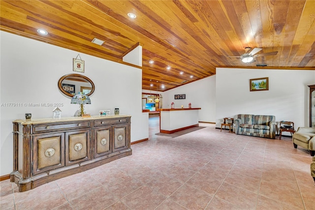 7801 SW 170th St, Palmetto Bay, FL 33157 - living area featuring ceiling fan, light tile patterned floors, visible vents, recessed lighting, and wooden ceiling