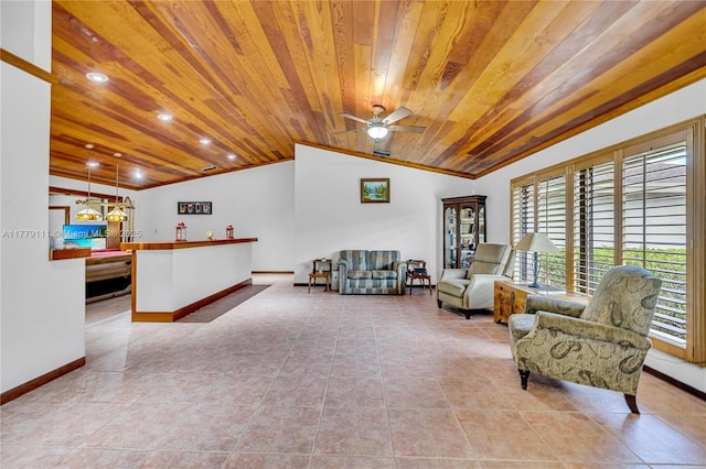 7801 SW 170th St, Palmetto Bay, FL 33157 - living area with baseboards, wooden ceiling, recessed lighting, vaulted ceiling, and tile patterned flooring