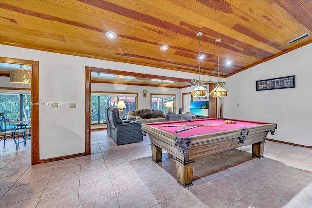 7801 SW 170th St, Palmetto Bay, FL 33157 - rec room with baseboards, billiards, light tile patterned floors, visible vents, and wood ceiling