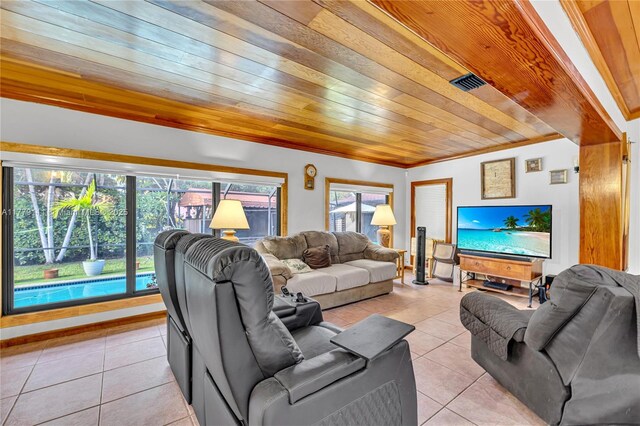 7801 SW 170th St, Palmetto Bay, FL 33157 - living area with light tile patterned floors, visible vents, and wood ceiling