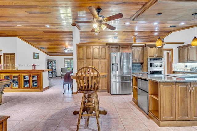 7801 SW 170th St, Palmetto Bay, FL 33157 - kitchen featuring appliances with stainless steel finishes, light stone counters, open shelves, and wooden ceiling