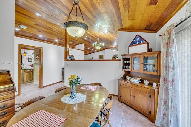 7801 SW 170th St, Palmetto Bay, FL 33157 - dining room featuring visible vents, wood ceiling, baseboards, and light tile patterned flooring