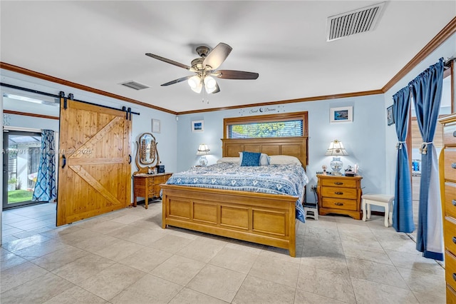 7801 SW 170th St, Palmetto Bay, FL 33157 - bedroom featuring crown molding, ceiling fan, visible vents, and a barn door