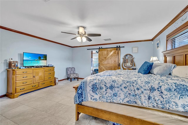 7801 SW 170th St, Palmetto Bay, FL 33157 - bedroom with visible vents, baseboards, a barn door, ornamental molding, and light tile patterned flooring
