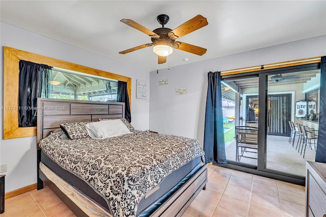 7801 SW 170th St, Palmetto Bay, FL 33157 - bedroom with access to exterior, light tile patterned flooring, ceiling fan, and baseboards