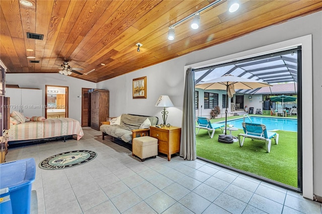 7801 SW 170th St, Palmetto Bay, FL 33157 - tiled bedroom with access to outside, vaulted ceiling, rail lighting, visible vents, and wooden ceiling