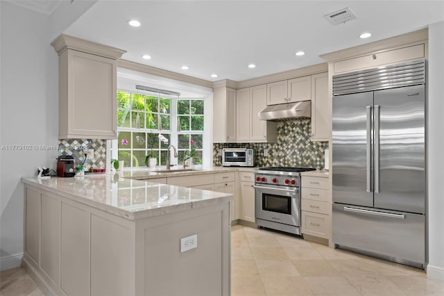 kitchen with visible vents, a sink, high quality appliances, a peninsula, and under cabinet range hood