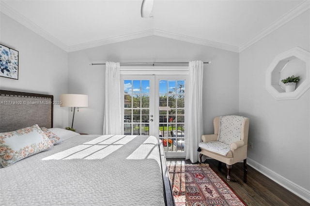 bedroom with french doors, vaulted ceiling, ornamental molding, and wood finished floors