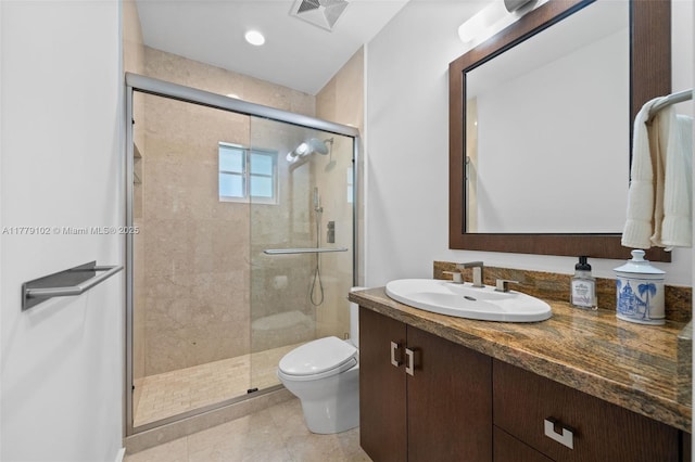 bathroom with visible vents, toilet, a shower stall, and vanity