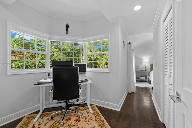 office with recessed lighting, baseboards, ornamental molding, and wood finished floors