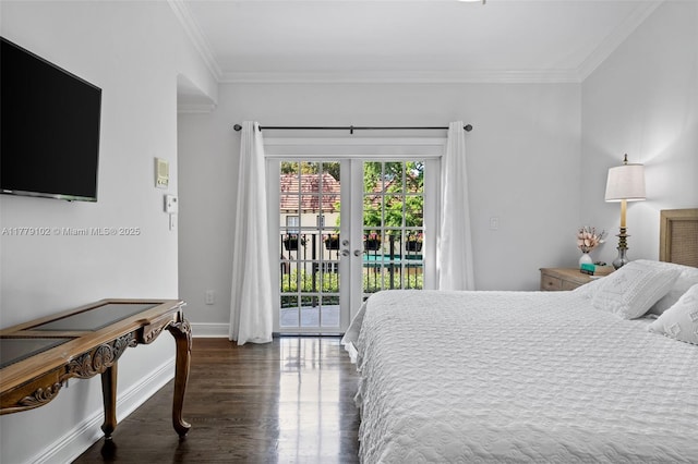 bedroom with ornamental molding, access to exterior, dark wood-style flooring, french doors, and baseboards