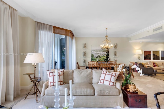 living area featuring ornamental molding, visible vents, and a notable chandelier