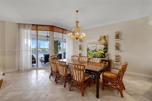 dining area featuring baseboards, a notable chandelier, and ornamental molding