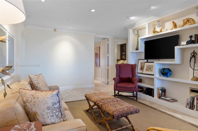 living area with built in features, ornamental molding, baseboards, and recessed lighting