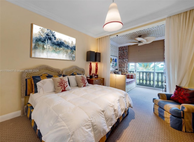 carpeted bedroom featuring baseboards, ornamental molding, and access to outside