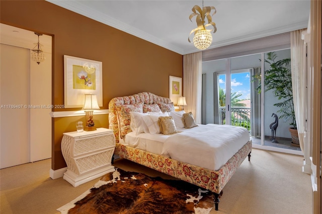 carpeted bedroom with crown molding, access to outside, and a chandelier