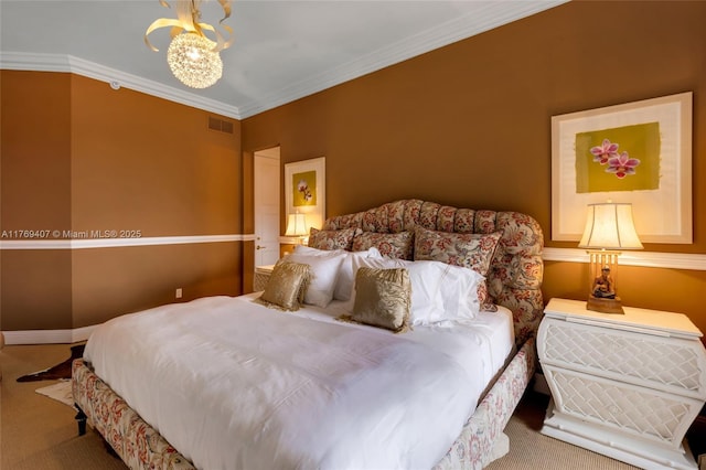 carpeted bedroom featuring visible vents, ornamental molding, and a notable chandelier