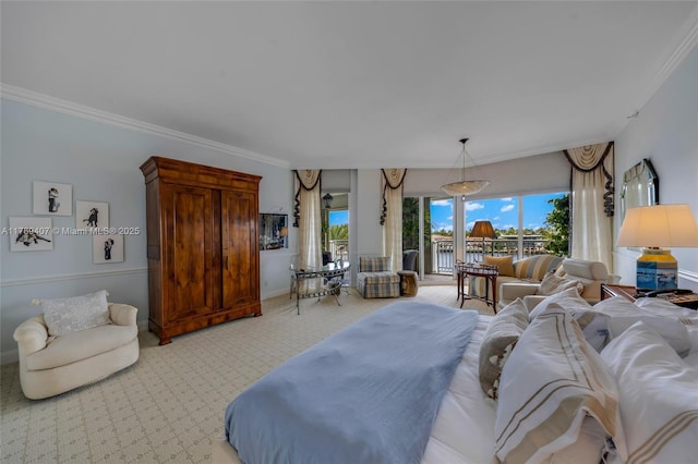 bedroom with ornamental molding, access to outside, and light colored carpet