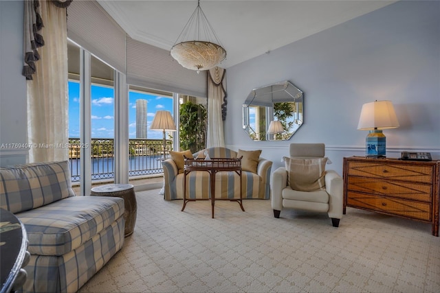 interior space featuring a water view and carpet flooring