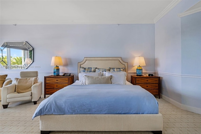 bedroom with baseboards, ornamental molding, and tile patterned floors
