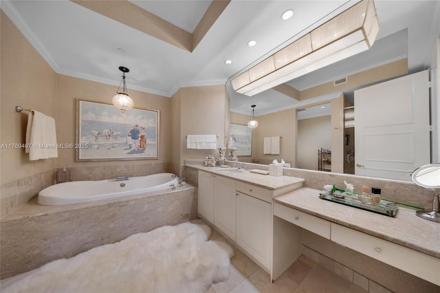 bathroom with visible vents, ornamental molding, vanity, tile patterned floors, and a bath