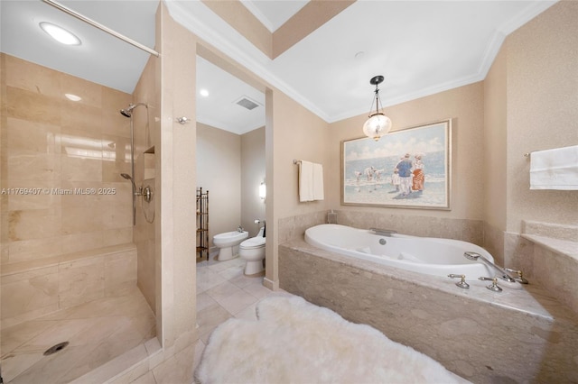 full bath featuring visible vents, ornamental molding, toilet, tiled shower, and a bidet