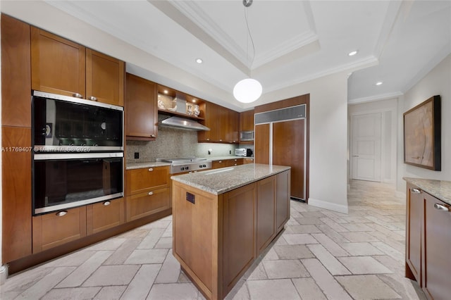 kitchen featuring a raised ceiling, under cabinet range hood, ornamental molding, stainless steel appliances, and recessed lighting