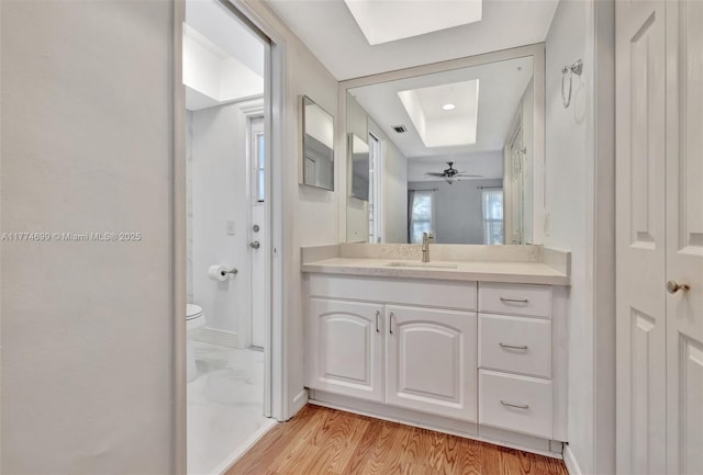 bathroom with ceiling fan, vanity, visible vents, toilet, and wood finished floors