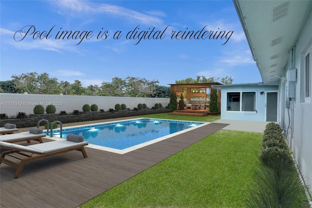 view of pool with a deck, a fenced backyard, a fenced in pool, and a lawn