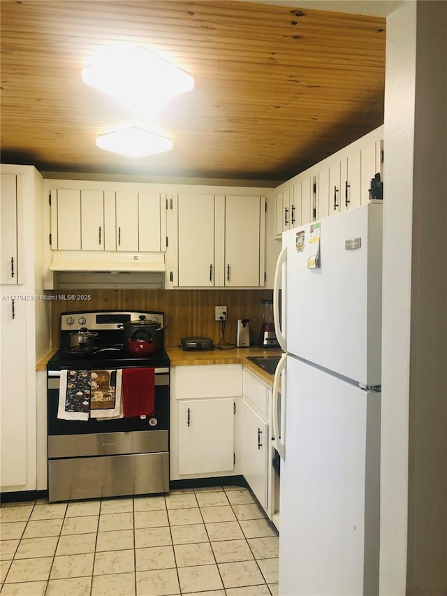 3776 Inverrary Blvd Unit 205R, Lauderhill, FL 33319 - kitchen with freestanding refrigerator, stainless steel electric stove, under cabinet range hood, light tile patterned floors, and wooden ceiling