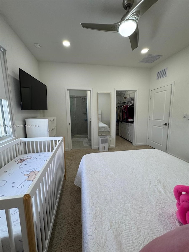 bedroom featuring a ceiling fan, carpet, visible vents, and recessed lighting