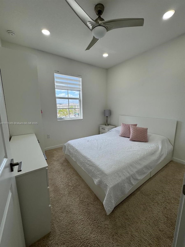bedroom with baseboards, a ceiling fan, carpet, and recessed lighting