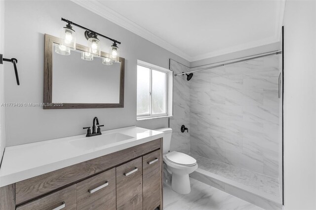 14481 SW 150th St, Miami, FL 33186 - full bathroom with vanity, ornamental molding, toilet, a walk in shower, and marble finish floor