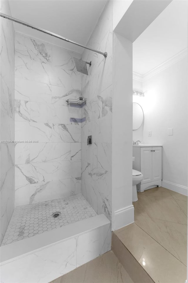 14481 SW 150th St, Miami, FL 33186 - full bath featuring a marble finish shower, ornamental molding, marble finish floor, and vanity