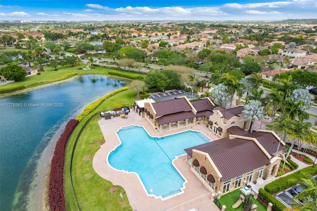 drone / aerial view featuring a water view