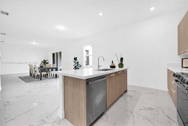 kitchen with visible vents, a sink, stainless steel dishwasher, marble finish floor, and electric range