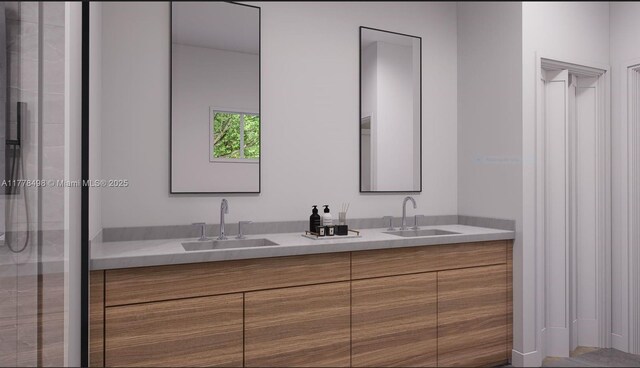 509 Glendale Ave, La Belle, FL 33935 - bathroom with a shower with shower door, double vanity, and a sink