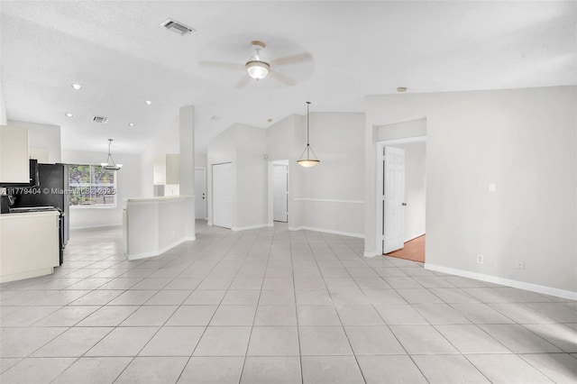 1617 Zenith Way, Weston, FL 33327 - unfurnished living room with a ceiling fan, lofted ceiling, baseboards, light tile patterned floors, and recessed lighting